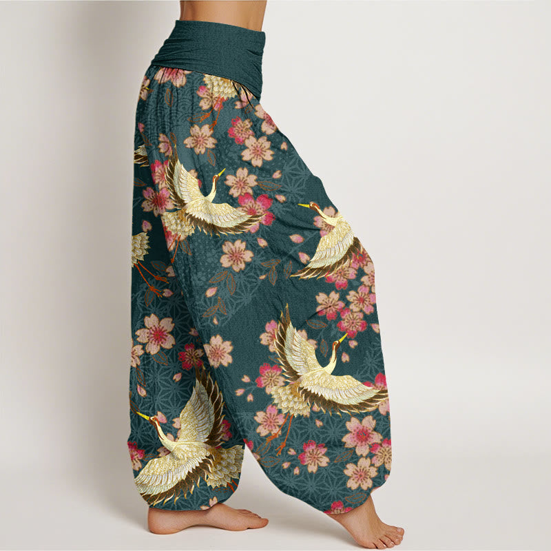 Buddha Stones Crane Peach Blossom Pattern Women's Elastic Waist Harem Pants - image 2
