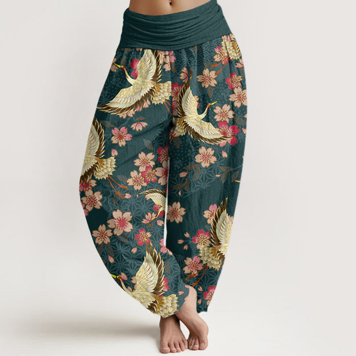 Buddha Stones Crane Peach Blossom Pattern Women's Elastic Waist Harem Pants - DarkGreen - US22，UK/AU26，EU54 (6XL) - image 0