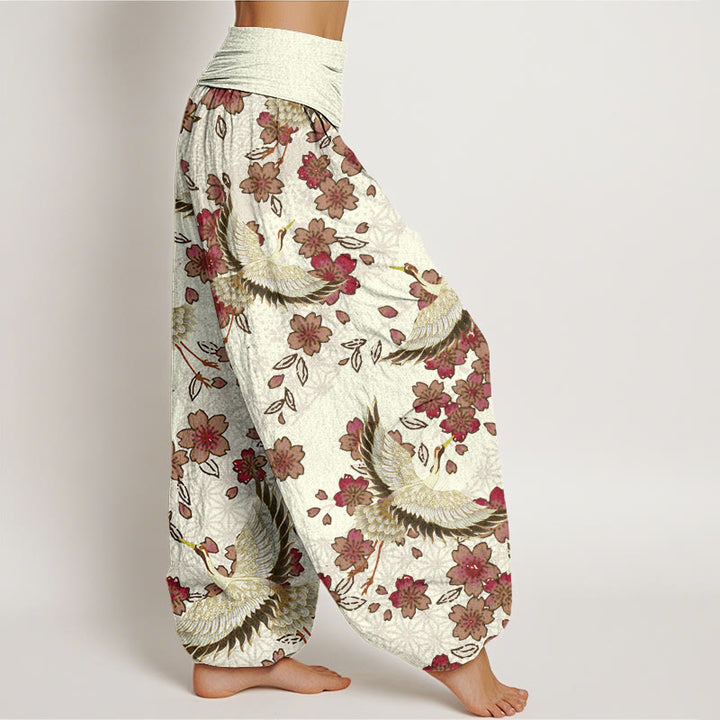 Buddha Stones Crane Peach Blossom Pattern Women's Elastic Waist Harem Pants - image 6