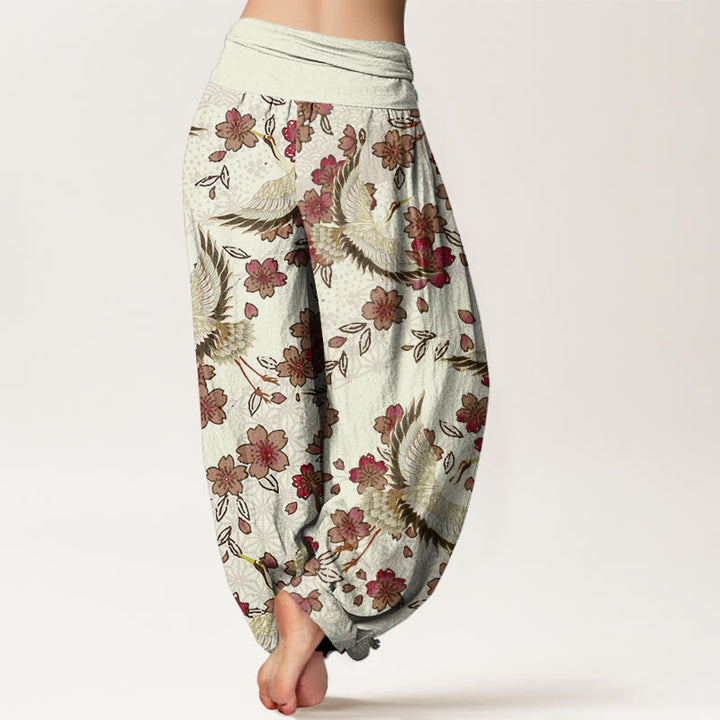 Buddha Stones Crane Peach Blossom Pattern Women's Elastic Waist Harem Pants - image 5