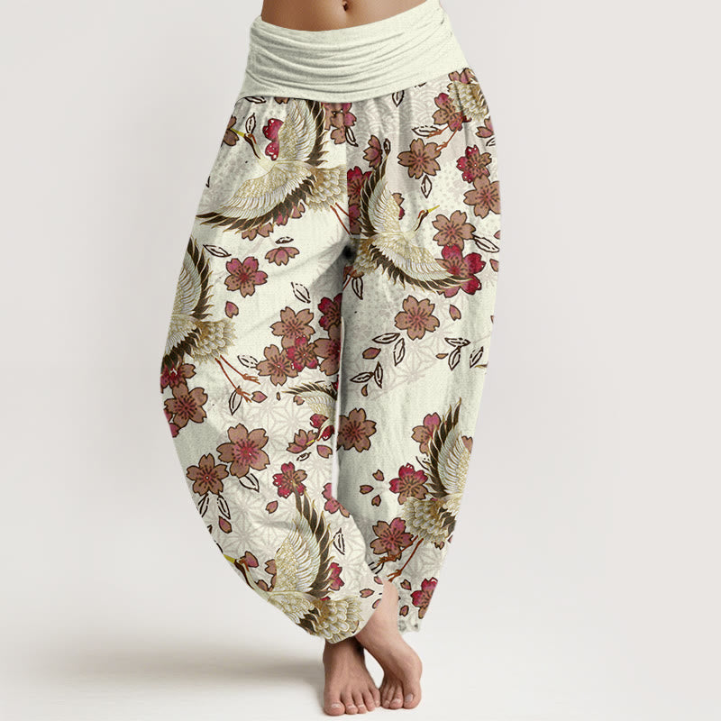 Buddha Stones Crane Peach Blossom Pattern Women's Elastic Waist Harem Pants - Cornsilk - US22，UK/AU26，EU54 (6XL) - image 4