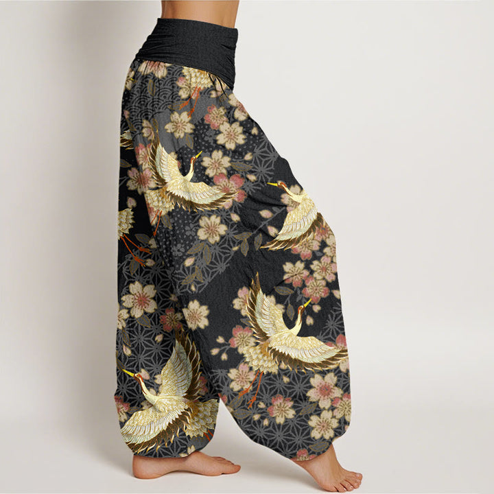 Buddha Stones Crane Peach Blossom Pattern Women's Elastic Waist Harem Pants - image 9