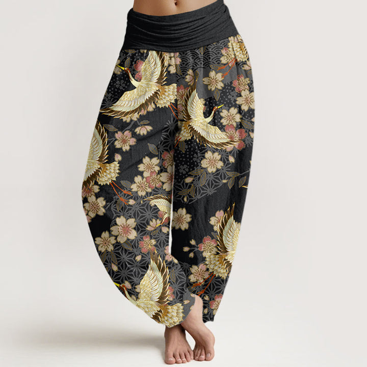 Buddha Stones Crane Peach Blossom Pattern Women's Elastic Waist Harem Pants - Black - US22，UK/AU26，EU54 (6XL) - image 7