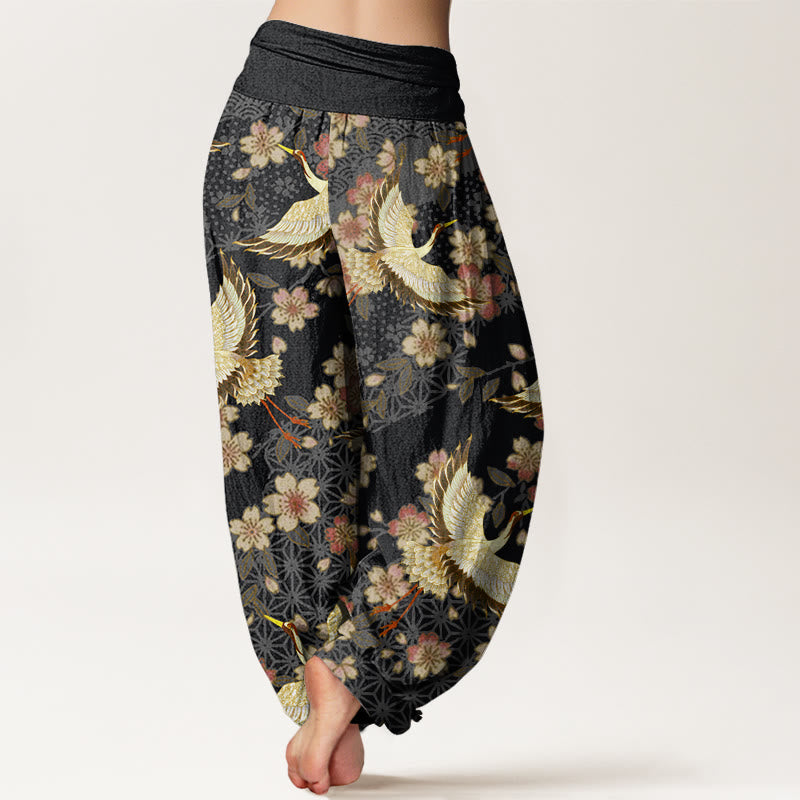 Buddha Stones Crane Peach Blossom Pattern Women's Elastic Waist Harem Pants - image 8