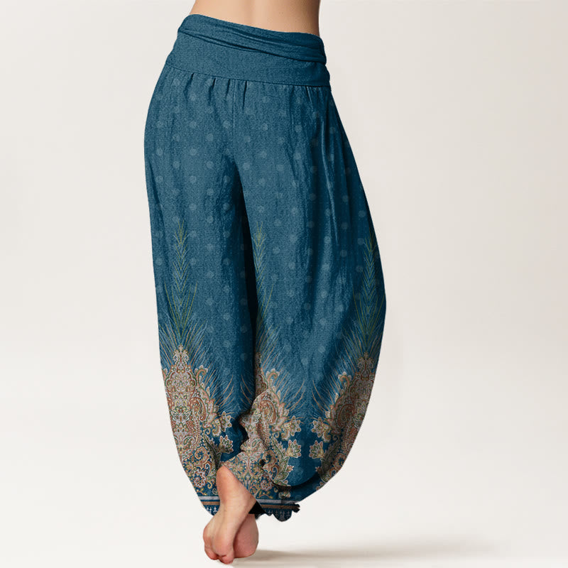 Buddha Stones Ethnic Peacock Floral Pattern Women's Elastic Waist Harem Pants - image 1