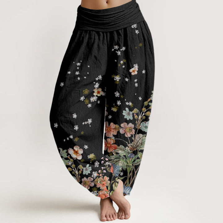 Buddha Stones Various Flowers Pattern Women's Elastic Waist Harem Pants - Black - US22，UK/AU26，EU54 (6XL) - image 0