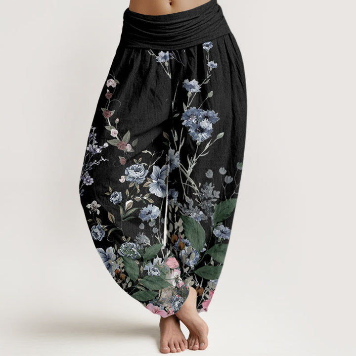 Buddha Stones Cornflower Cosmo Rose Pattern Women's Elastic Waist Harem Pants - Black - US22，UK/AU26，EU54 (6XL) - image 0