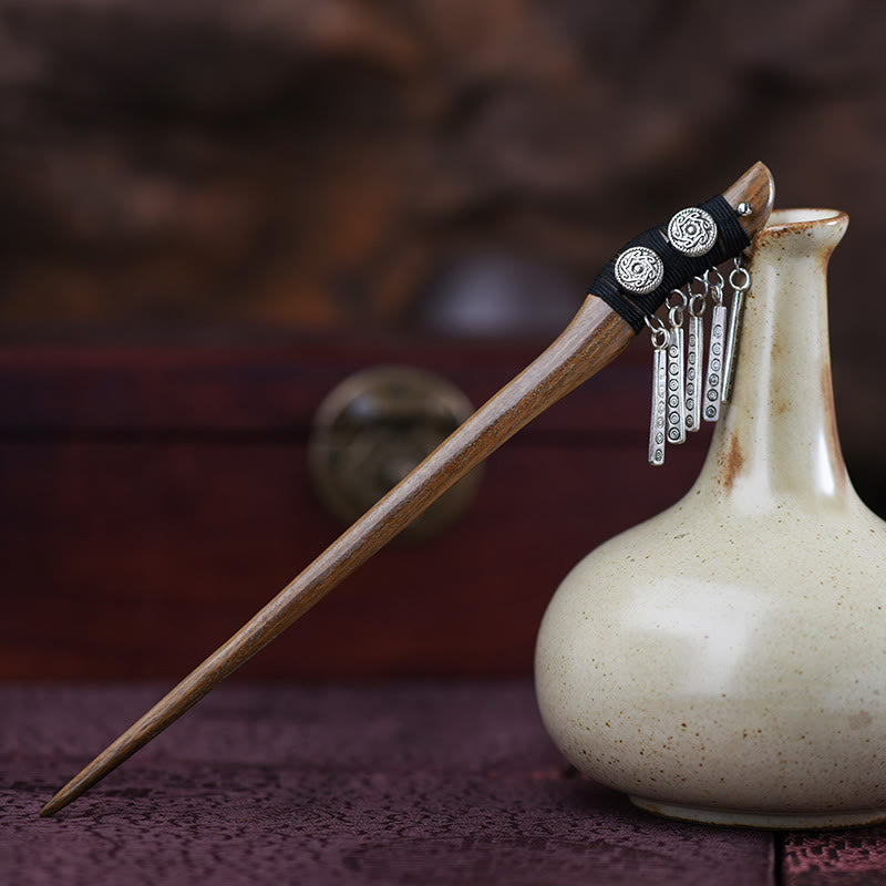 Buddha Stones Silver Tassel Green Sandalwood Soothing Hairpin - image 1