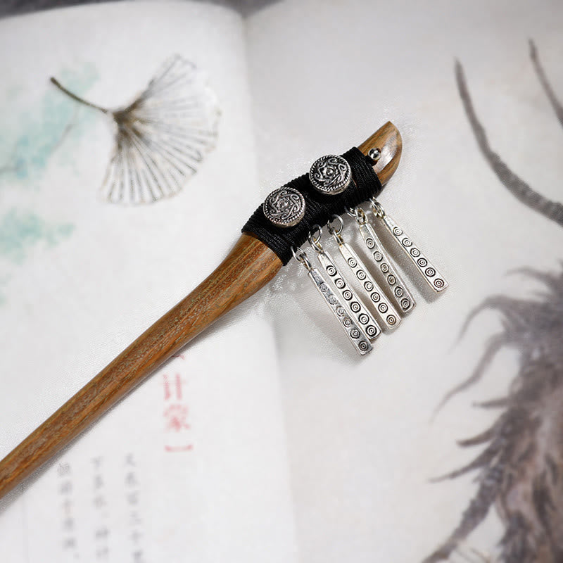 Buddha Stones Silver Tassel Green Sandalwood Soothing Hairpin - image 2
