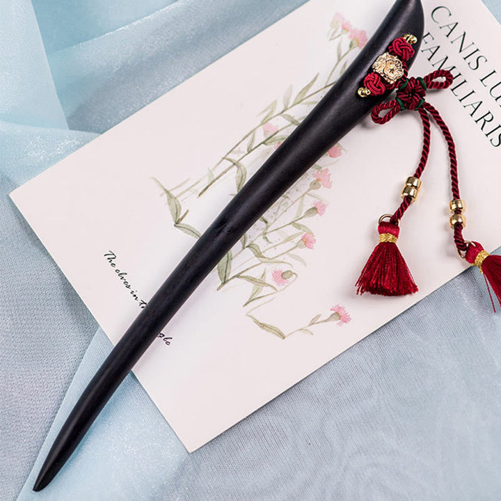 Buddha Stones Ebony Red String Chinese Knot Tassel Protection Hairpin - image 9