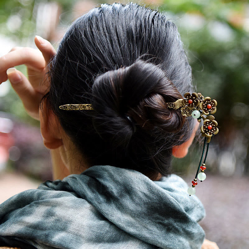 Buddha Stones Green Aventurine Red Agate Alloy Flowers Soothing Hairpin - image 3