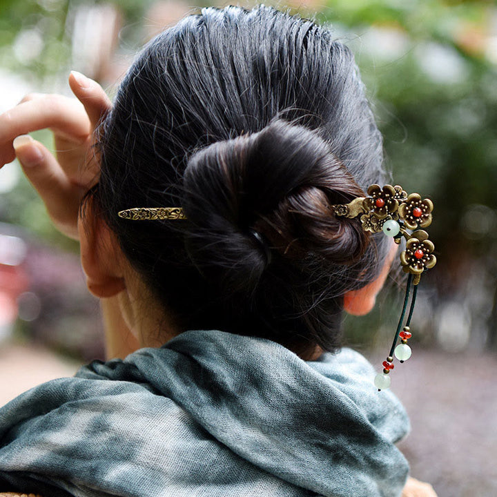 Buddha Stones Green Aventurine Red Agate Alloy Flowers Soothing Hairpin - image 3