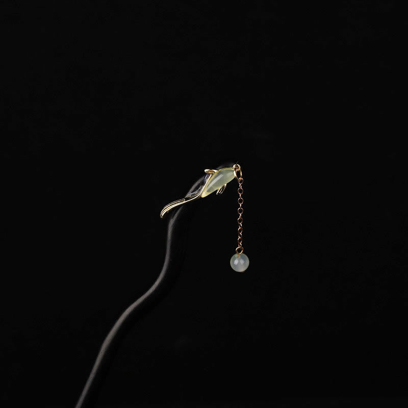 Buddha Stones Ebony Hetian Jade Fish Blessing Hairpin - image 2
