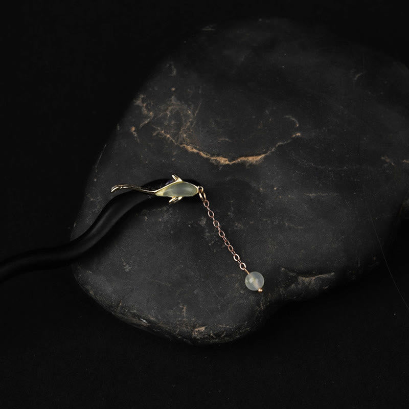 Buddha Stones Ebony Hetian Jade Fish Blessing Hairpin - image 4