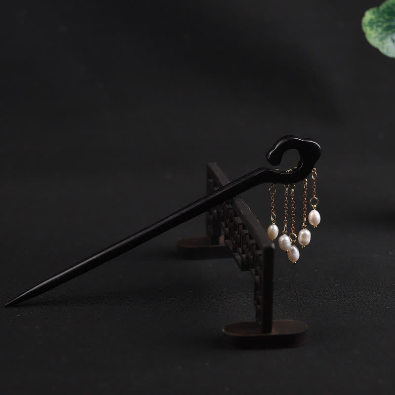 Buddha Stones Ebony Auspicious Cloud Pearl Tassel Protection Hairpin - image 1