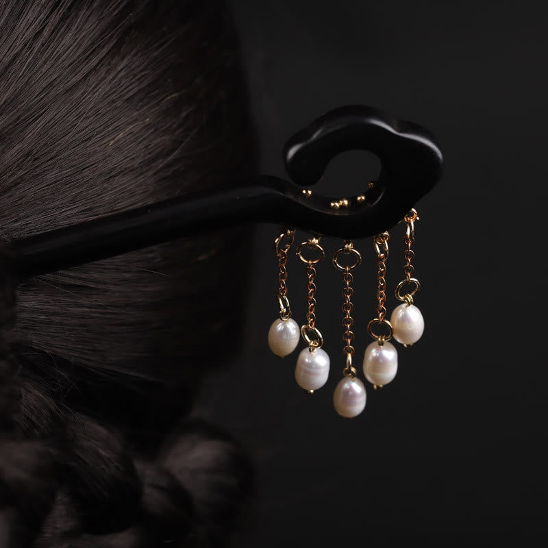 Buddha Stones Ebony Auspicious Cloud Pearl Tassel Protection Hairpin - image 7