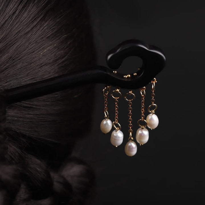 Buddha Stones Ebony Auspicious Cloud Pearl Tassel Protection Hairpin - image 7
