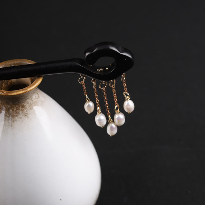 Buddha Stones Ebony Auspicious Cloud Pearl Tassel Protection Hairpin - image 2