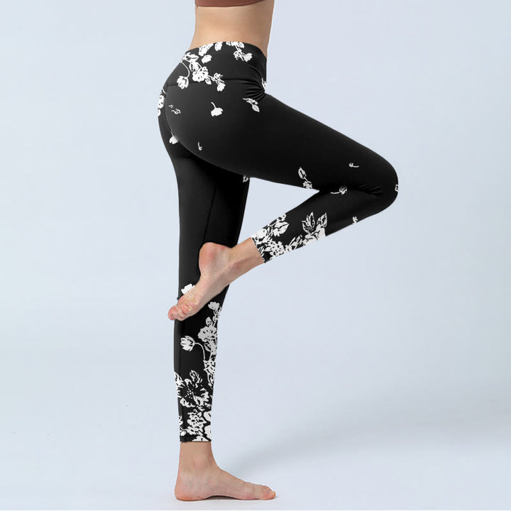 Buddha Stones Black Scattered Petals Print Gym Leggings Women's Yoga Pants - image 4
