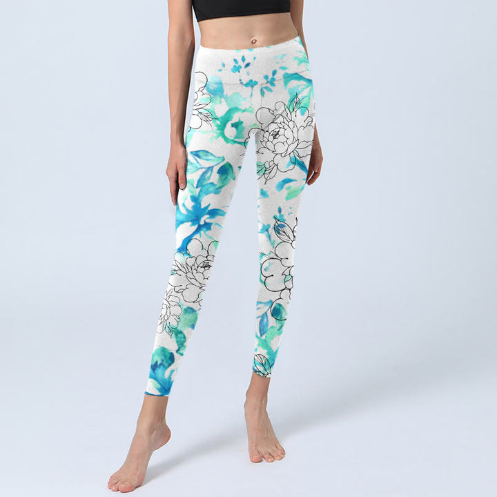 Buddha Stones Blue Watercolor Peony Flowers Lines Pattern Print Gym Leggings Women's Yoga Pants - image 5