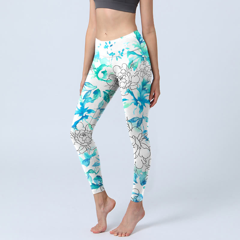Buddha Stones Blue Watercolor Peony Flowers Lines Pattern Print Gym Leggings Women's Yoga Pants - AliceBlue - US18，UK/AU22，EU50 (4XL) - image 0