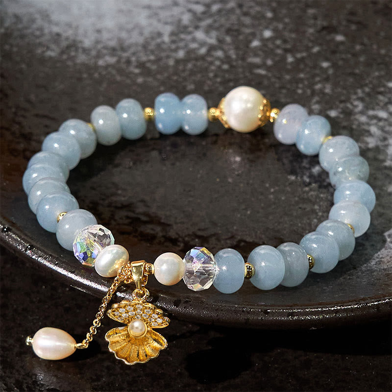 Buddha Stones Natural Aquamarine Pearl Shell Healing Bead Bracelet - Aquamarine(Wrist Circumference: 15-16cm) - image 0