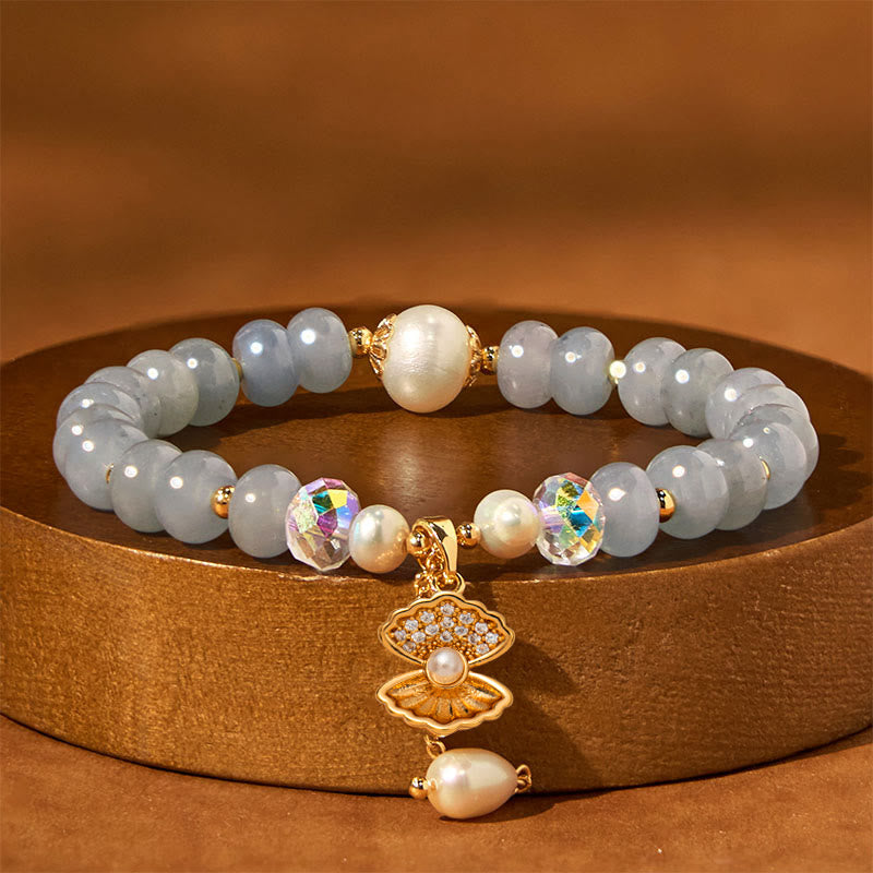 Buddha Stones Natural Aquamarine Pearl Shell Healing Bead Bracelet - image 1