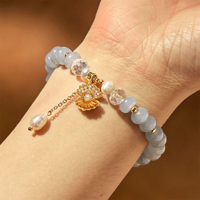 Buddha Stones Natural Aquamarine Pearl Shell Healing Bead Bracelet - image 5