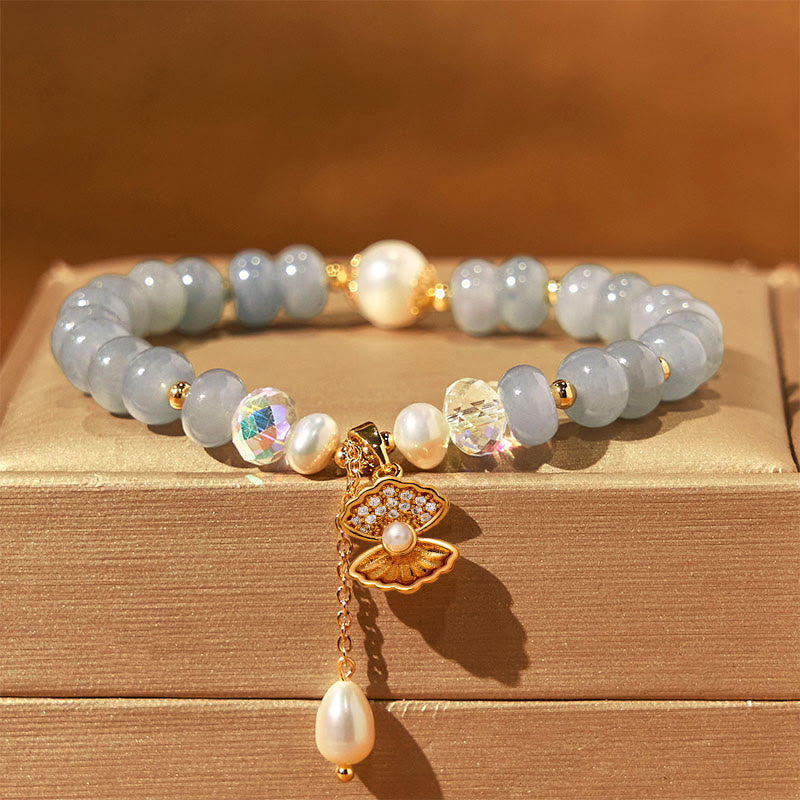 Buddha Stones Natural Aquamarine Pearl Shell Healing Bead Bracelet - image 4