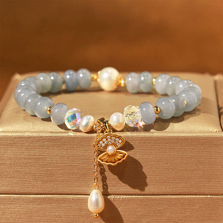 Buddha Stones Natural Aquamarine Pearl Shell Healing Bead Bracelet - image 4