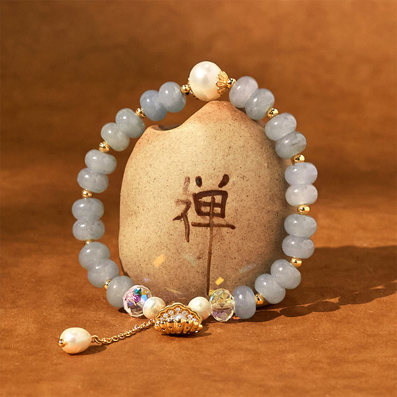 Buddha Stones Natural Aquamarine Pearl Shell Healing Bead Bracelet - image 3