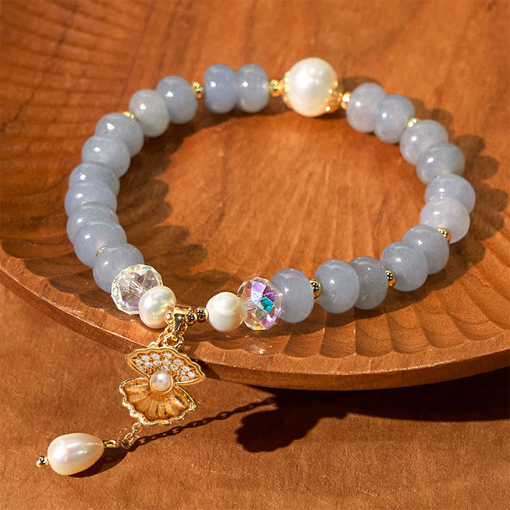 Buddha Stones Natural Aquamarine Pearl Shell Healing Bead Bracelet - image 2