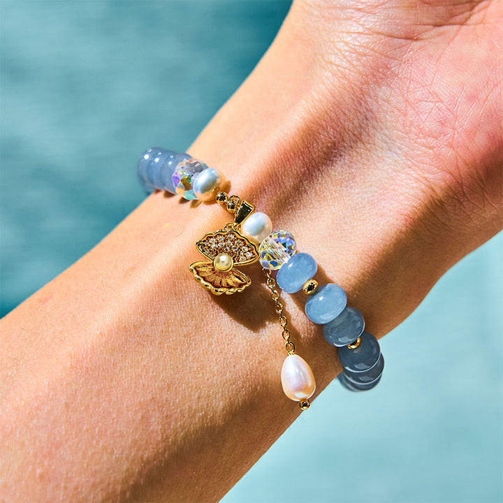 Buddha Stones Natural Aquamarine Pearl Shell Healing Bead Bracelet - image 1