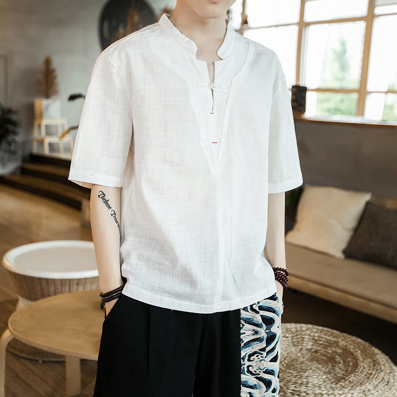 Buddha Stones Summer Plain Color Frog-Button Notched Neck Men's Half Sleeve Cotton Shirt - White - US/UK/AU46，EU56 (5XL) - image 0