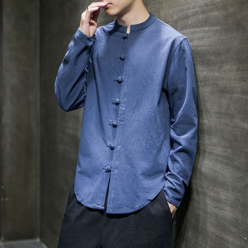 Buddha Stones Casual Stand Collar Frog-Button Long Sleeve Tang Suit Linen Men's Shirt - CornflowerBlue - US/UK/AU46，EU56 (5XL) - image 14