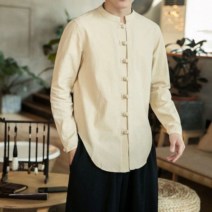 Buddha Stones Casual Stand Collar Frog-Button Long Sleeve Tang Suit Linen Men's Shirt - Beige - US/UK/AU46，EU56 (5XL) - image 11