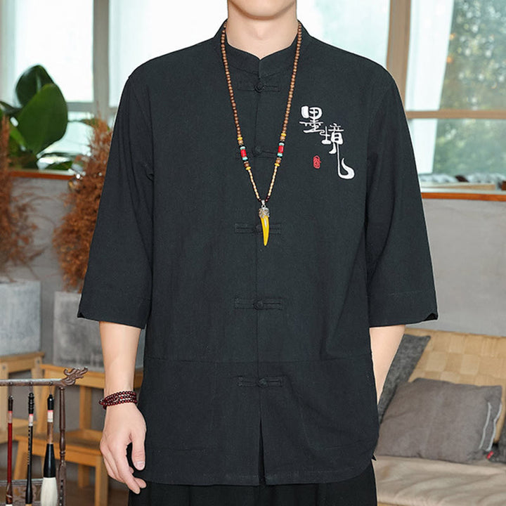 Buddha Stones Frog-Button Chinese Tang Suit Three Quarter Sleeve Cotton Linen Men's Shirt - Black - US/UK/AU46，EU56 (5XL) - image 11