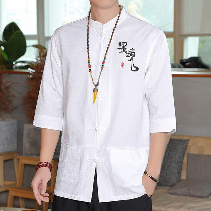 Buddha Stones Frog-Button Chinese Tang Suit Three Quarter Sleeve Cotton Linen Men's Shirt - White - US/UK/AU46，EU56 (5XL) - image 5