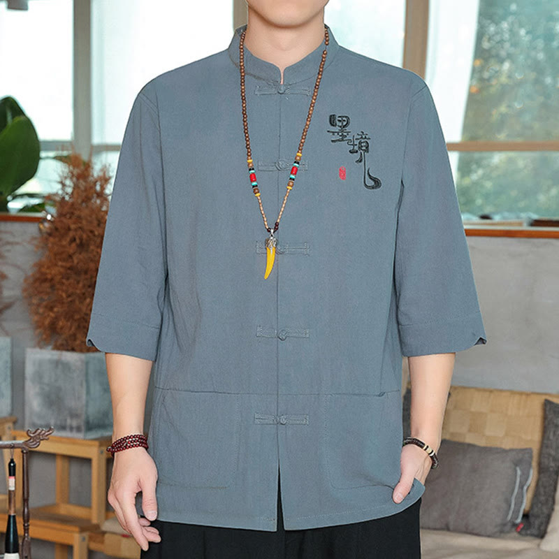 Buddha Stones Frog-Button Chinese Tang Suit Three Quarter Sleeve Cotton Linen Men's Shirt - CadetBlue - US/UK/AU46，EU56 (5XL) - image 0
