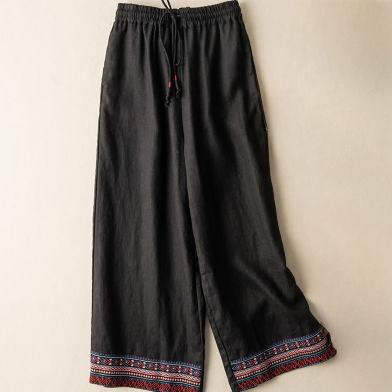 Buddha Stones Casual Embroidery Bohemian Pattern Drawstring Cotton Linen Women's Wide Leg Pants With Pockets - Black - US8-10，UK/AU12-14，EU40-42 (XL) - image 8