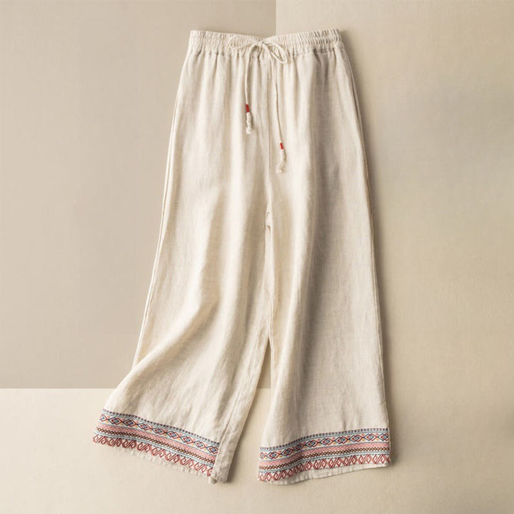 Buddha Stones Casual Embroidery Bohemian Pattern Drawstring Cotton Linen Women's Wide Leg Pants With Pockets - Beige - US8-10，UK/AU12-14，EU40-42 (XL) - image 0