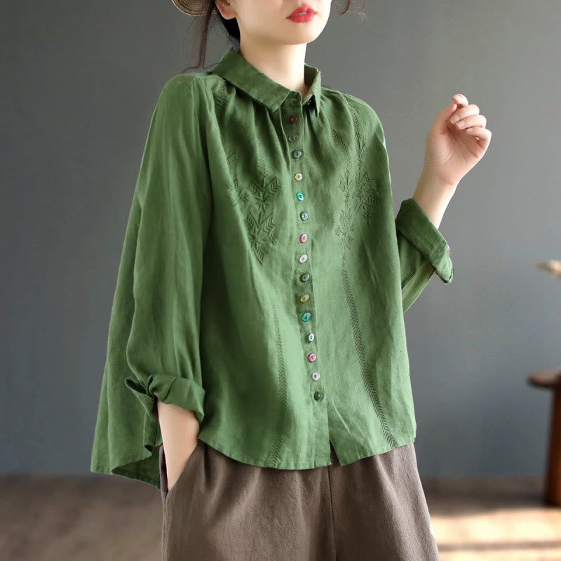 Buddha Stones Spring Embroidery Long Sleeve Colorful Button Label  Women's Shirt - MediumSeaGreen - US12，UK/AU16，EU44 (2XL) - image 9