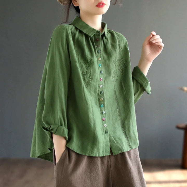 Buddha Stones Spring Embroidery Long Sleeve Colorful Button Label  Women's Shirt - MediumSeaGreen - US12，UK/AU16，EU44 (2XL) - image 9