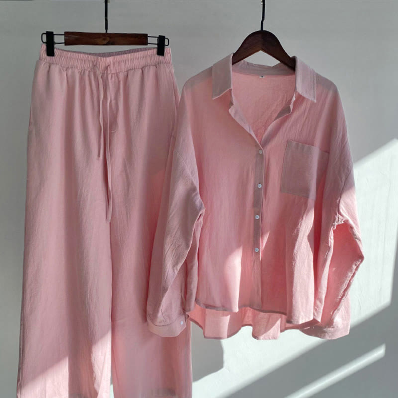 Buddha Stones 2Pcs Long Sleeve Shirt Top With Pockets Drawstring Pants Meditation Cotton Clothing Women's Set - LightPink - US20，UK/AU24，EU52 (5XL) - image 1