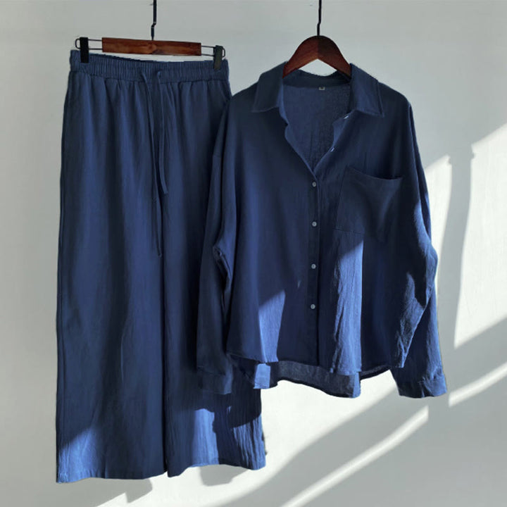 Buddha Stones 2Pcs Long Sleeve Shirt Top With Pockets Drawstring Pants Meditation Cotton Clothing Women's Set - DarkBlue - US20，UK/AU24，EU52 (5XL) - image 5
