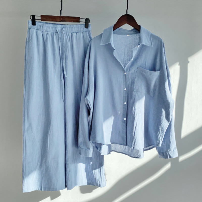 Buddha Stones 2Pcs Long Sleeve Shirt Top With Pockets Drawstring Capri Pants Meditation Cotton Clothing Women's Set - LightSteelBlue - US16，UK/AU20，EU48 (5XL) - image 4