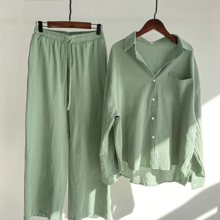 Buddha Stones 2Pcs Long Sleeve Shirt Top With Pockets Drawstring Capri Pants Meditation Cotton Clothing Women's Set - LightGreen - US16，UK/AU20，EU48 (5XL) - image 10