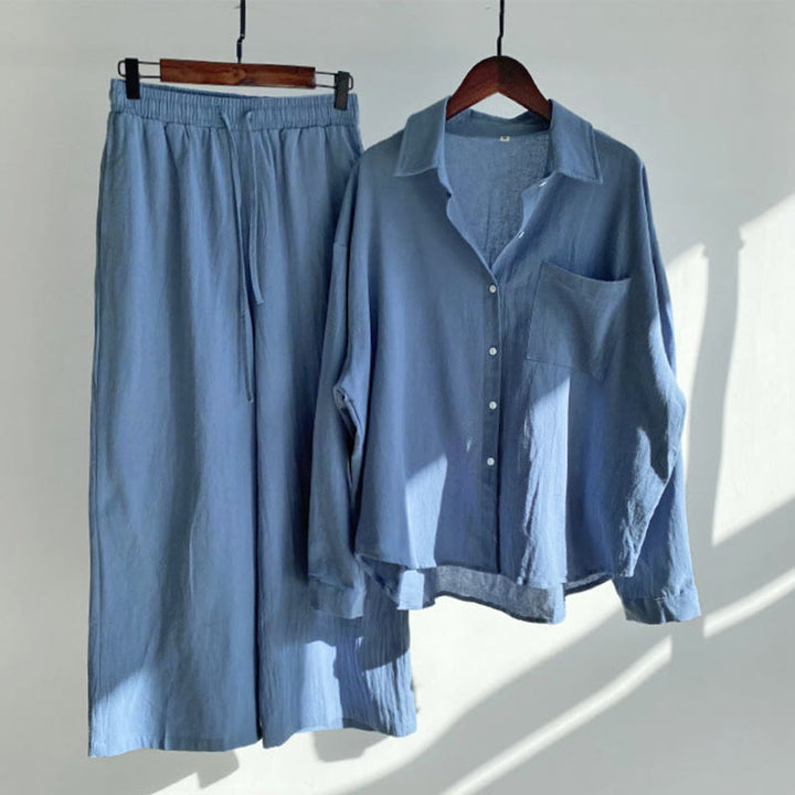Buddha Stones 2Pcs Long Sleeve Shirt Top With Pockets Drawstring Capri Pants Meditation Cotton Clothing Women's Set - RoyalBlue - US16，UK/AU20，EU48 (5XL) - image 3