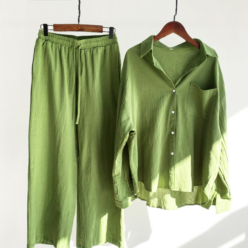 Buddha Stones 2Pcs Long Sleeve Shirt Top With Pockets Drawstring Pants Meditation Cotton Clothing Women's Set - LimeGreen - US18，UK/AU22，EU50 (5XL) - image 0