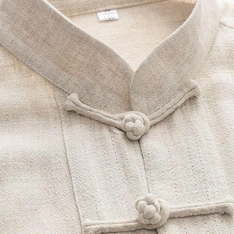 Buddha Stones 2Pcs Tang Suit Frog-Button Long Sleeve Shirt Pants Linen Cotton Men's Set - image 2